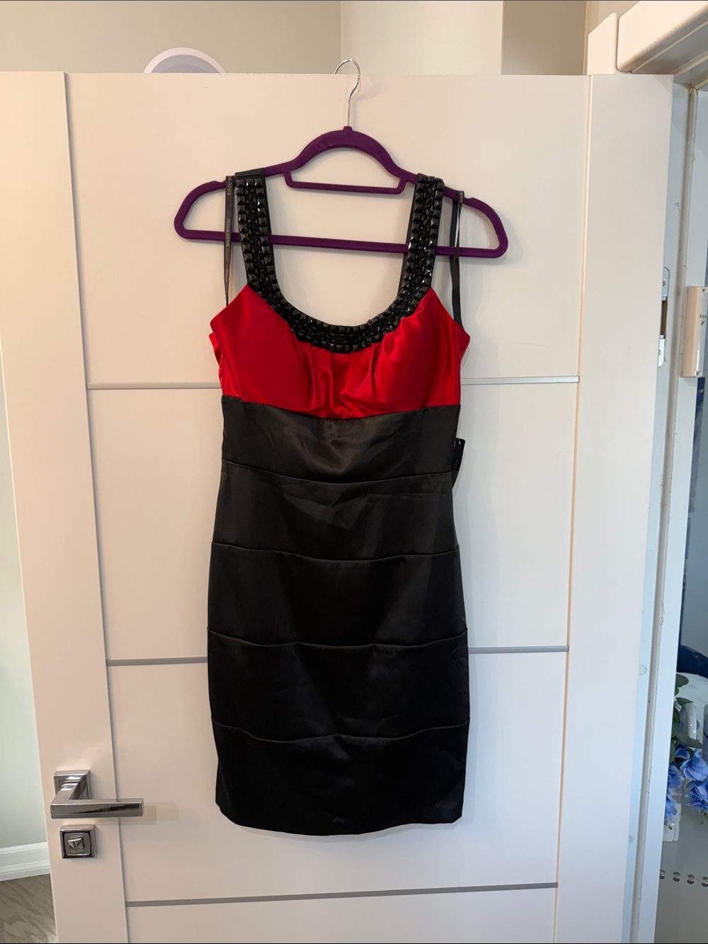 Bisou Bisou Red and Black Beaded-Neck Cocktail Dress
